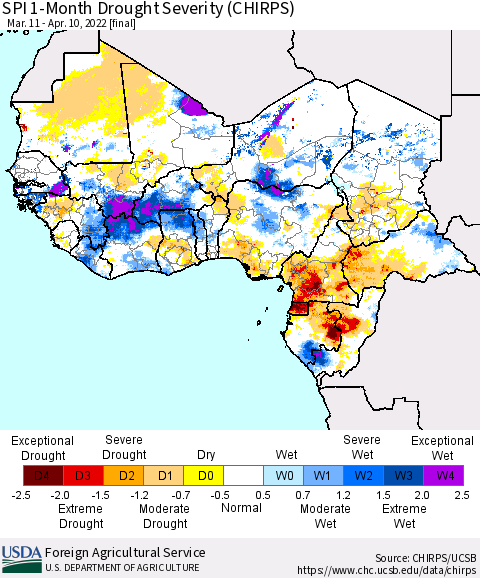 Western Africa SPI 1-Month Drought Severity (CHIRPS) Thematic Map For 3/11/2022 - 4/10/2022