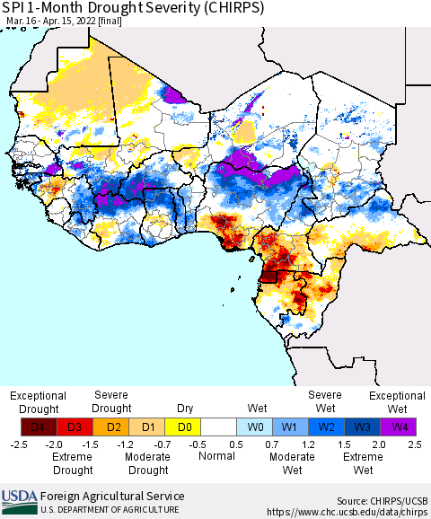 Western Africa SPI 1-Month Drought Severity (CHIRPS) Thematic Map For 3/16/2022 - 4/15/2022