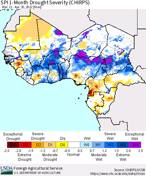 Western Africa SPI 1-Month Drought Severity (CHIRPS) Thematic Map For 3/21/2022 - 4/20/2022