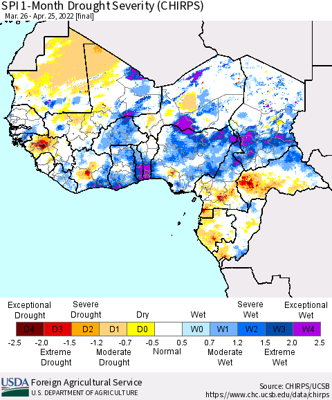 Western Africa SPI 1-Month Drought Severity (CHIRPS) Thematic Map For 3/26/2022 - 4/25/2022