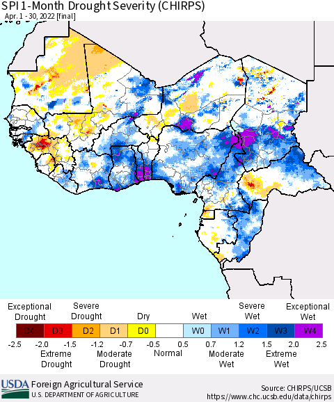 Western Africa SPI 1-Month Drought Severity (CHIRPS) Thematic Map For 4/1/2022 - 4/30/2022