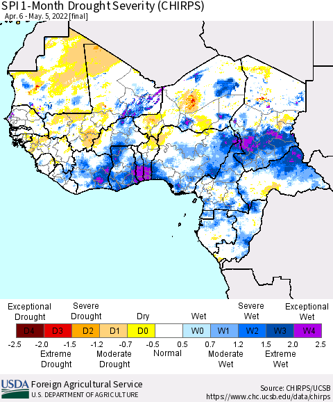 Western Africa SPI 1-Month Drought Severity (CHIRPS) Thematic Map For 4/6/2022 - 5/5/2022