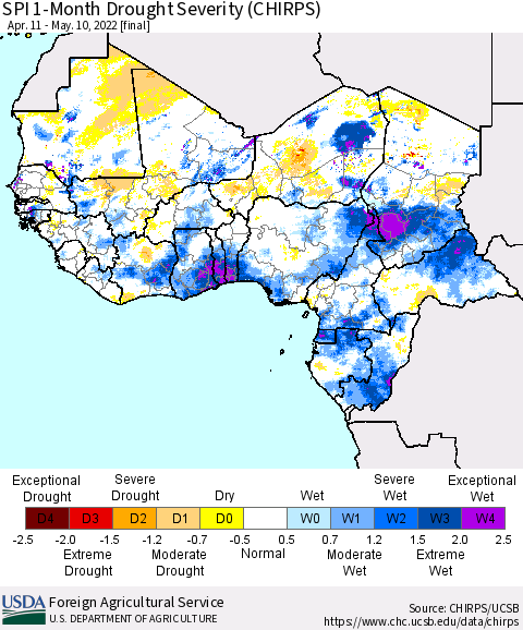 Western Africa SPI 1-Month Drought Severity (CHIRPS) Thematic Map For 4/11/2022 - 5/10/2022