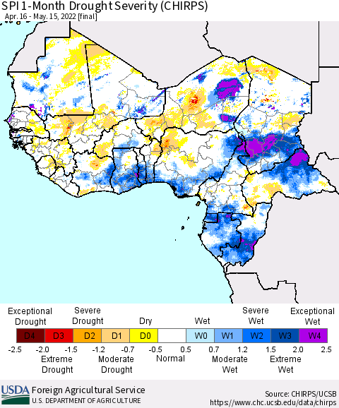 Western Africa SPI 1-Month Drought Severity (CHIRPS) Thematic Map For 4/16/2022 - 5/15/2022