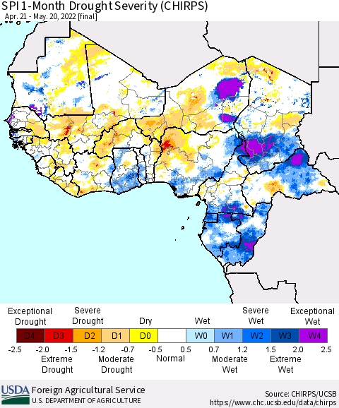 Western Africa SPI 1-Month Drought Severity (CHIRPS) Thematic Map For 4/21/2022 - 5/20/2022