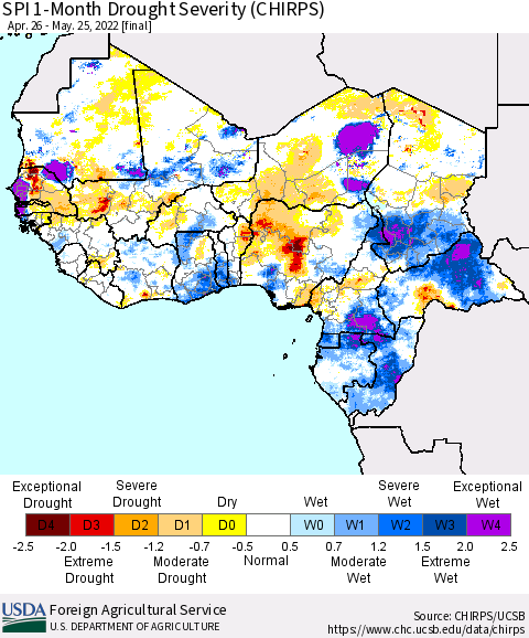 Western Africa SPI 1-Month Drought Severity (CHIRPS) Thematic Map For 4/26/2022 - 5/25/2022