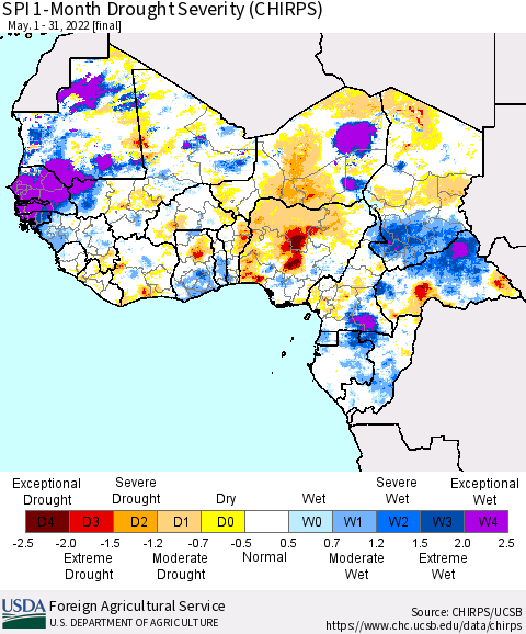 Western Africa SPI 1-Month Drought Severity (CHIRPS) Thematic Map For 5/1/2022 - 5/31/2022