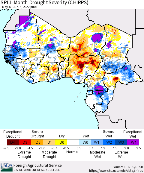 Western Africa SPI 1-Month Drought Severity (CHIRPS) Thematic Map For 5/6/2022 - 6/5/2022