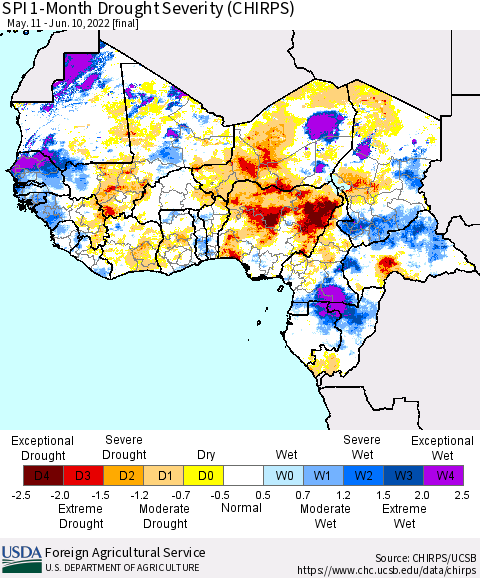 Western Africa SPI 1-Month Drought Severity (CHIRPS) Thematic Map For 5/11/2022 - 6/10/2022
