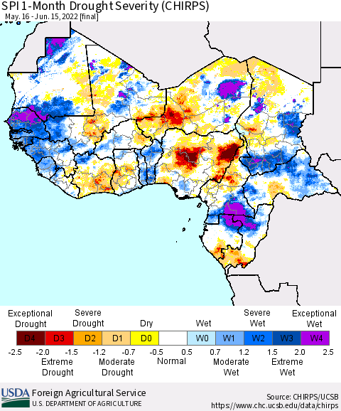 Western Africa SPI 1-Month Drought Severity (CHIRPS) Thematic Map For 5/16/2022 - 6/15/2022