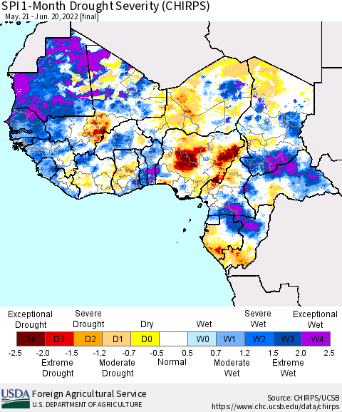 Western Africa SPI 1-Month Drought Severity (CHIRPS) Thematic Map For 5/21/2022 - 6/20/2022