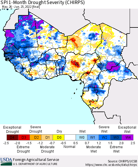 Western Africa SPI 1-Month Drought Severity (CHIRPS) Thematic Map For 5/26/2022 - 6/25/2022