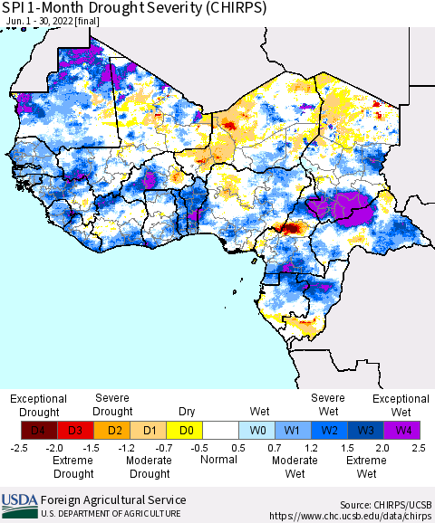 Western Africa SPI 1-Month Drought Severity (CHIRPS) Thematic Map For 6/1/2022 - 6/30/2022