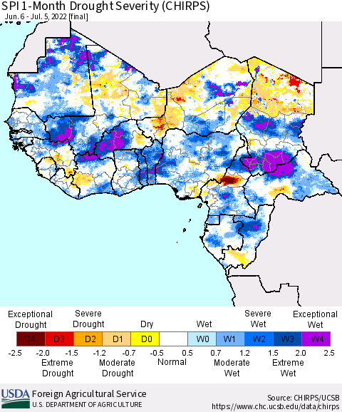 Western Africa SPI 1-Month Drought Severity (CHIRPS) Thematic Map For 6/6/2022 - 7/5/2022