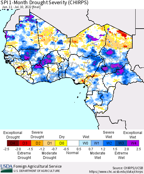 Western Africa SPI 1-Month Drought Severity (CHIRPS) Thematic Map For 6/11/2022 - 7/10/2022