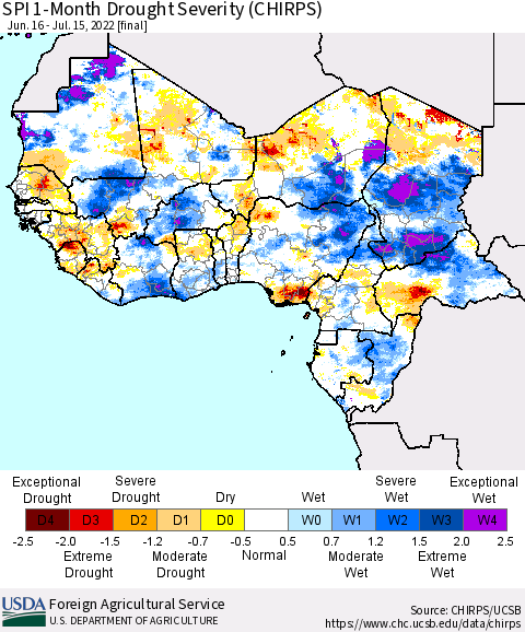 Western Africa SPI 1-Month Drought Severity (CHIRPS) Thematic Map For 6/16/2022 - 7/15/2022