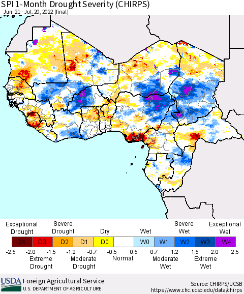 Western Africa SPI 1-Month Drought Severity (CHIRPS) Thematic Map For 6/21/2022 - 7/20/2022