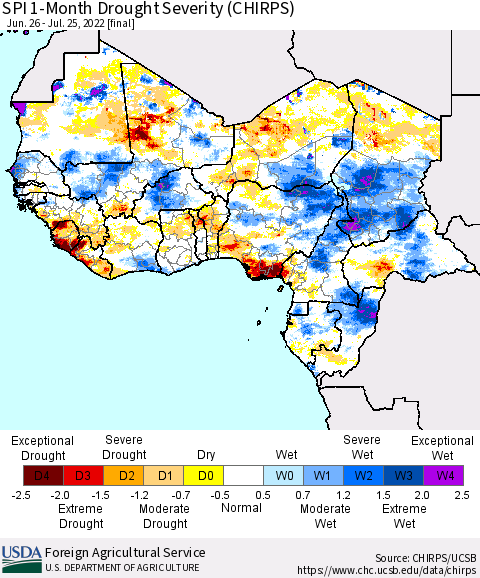 Western Africa SPI 1-Month Drought Severity (CHIRPS) Thematic Map For 6/26/2022 - 7/25/2022