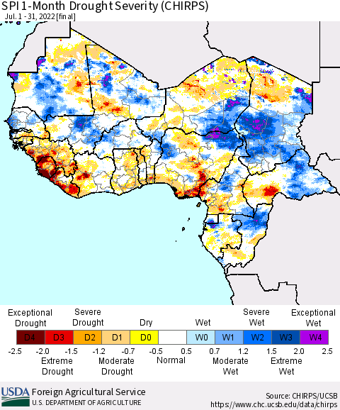Western Africa SPI 1-Month Drought Severity (CHIRPS) Thematic Map For 7/1/2022 - 7/31/2022