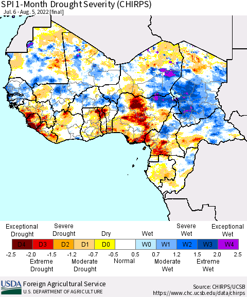 Western Africa SPI 1-Month Drought Severity (CHIRPS) Thematic Map For 7/6/2022 - 8/5/2022