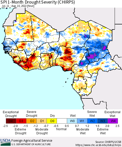 Western Africa SPI 1-Month Drought Severity (CHIRPS) Thematic Map For 7/11/2022 - 8/10/2022