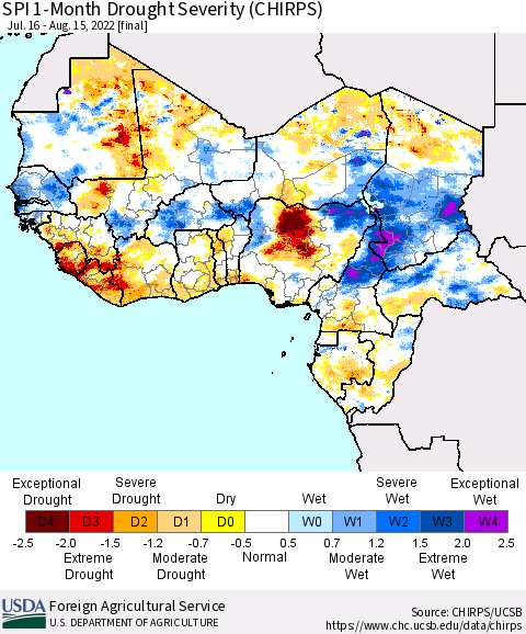 Western Africa SPI 1-Month Drought Severity (CHIRPS) Thematic Map For 7/16/2022 - 8/15/2022