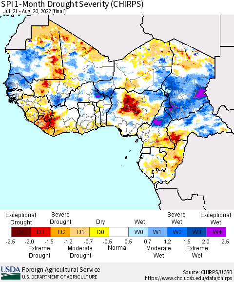 Western Africa SPI 1-Month Drought Severity (CHIRPS) Thematic Map For 7/21/2022 - 8/20/2022