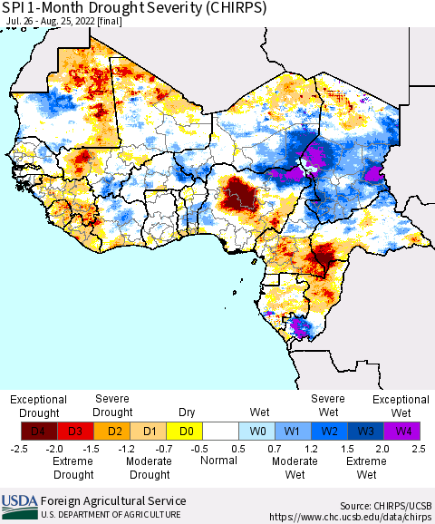 Western Africa SPI 1-Month Drought Severity (CHIRPS) Thematic Map For 7/26/2022 - 8/25/2022
