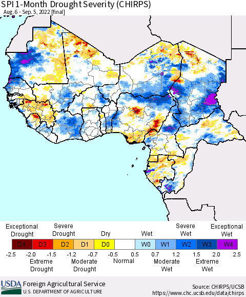 Western Africa SPI 1-Month Drought Severity (CHIRPS) Thematic Map For 8/6/2022 - 9/5/2022