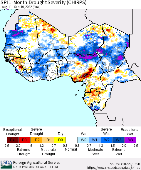 Western Africa SPI 1-Month Drought Severity (CHIRPS) Thematic Map For 8/11/2022 - 9/10/2022