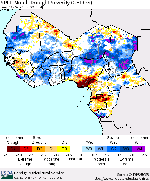 Western Africa SPI 1-Month Drought Severity (CHIRPS) Thematic Map For 8/16/2022 - 9/15/2022