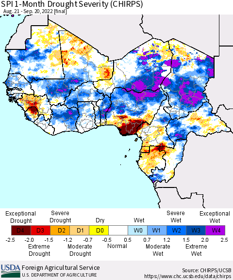 Western Africa SPI 1-Month Drought Severity (CHIRPS) Thematic Map For 8/21/2022 - 9/20/2022