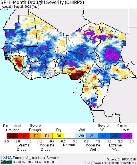 Western Africa SPI 1-Month Drought Severity (CHIRPS) Thematic Map For 8/26/2022 - 9/25/2022