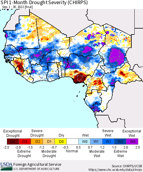 Western Africa SPI 1-Month Drought Severity (CHIRPS) Thematic Map For 9/1/2022 - 9/30/2022