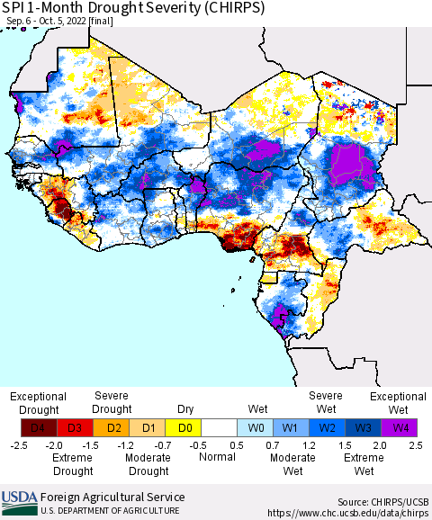 Western Africa SPI 1-Month Drought Severity (CHIRPS) Thematic Map For 9/6/2022 - 10/5/2022