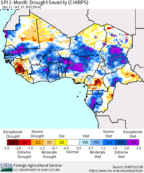 Western Africa SPI 1-Month Drought Severity (CHIRPS) Thematic Map For 9/11/2022 - 10/10/2022