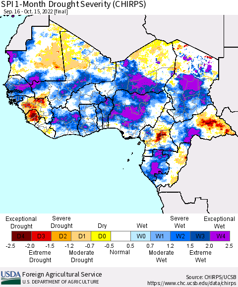 Western Africa SPI 1-Month Drought Severity (CHIRPS) Thematic Map For 9/16/2022 - 10/15/2022