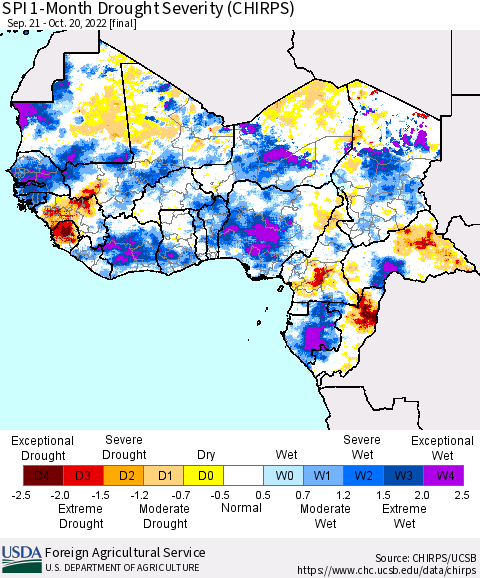 Western Africa SPI 1-Month Drought Severity (CHIRPS) Thematic Map For 9/21/2022 - 10/20/2022