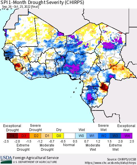 Western Africa SPI 1-Month Drought Severity (CHIRPS) Thematic Map For 9/26/2022 - 10/25/2022