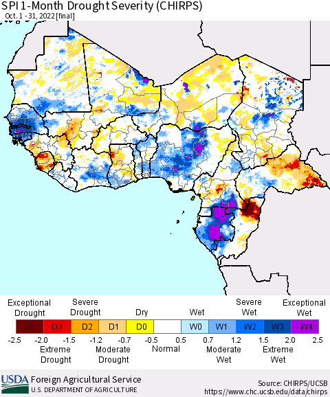 Western Africa SPI 1-Month Drought Severity (CHIRPS) Thematic Map For 10/1/2022 - 10/31/2022