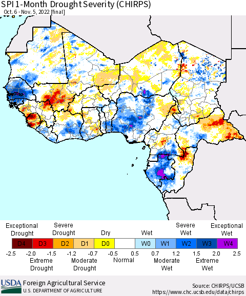 Western Africa SPI 1-Month Drought Severity (CHIRPS) Thematic Map For 10/6/2022 - 11/5/2022