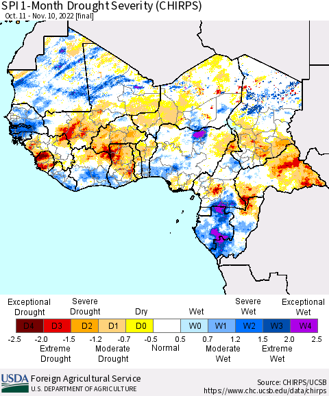 Western Africa SPI 1-Month Drought Severity (CHIRPS) Thematic Map For 10/11/2022 - 11/10/2022