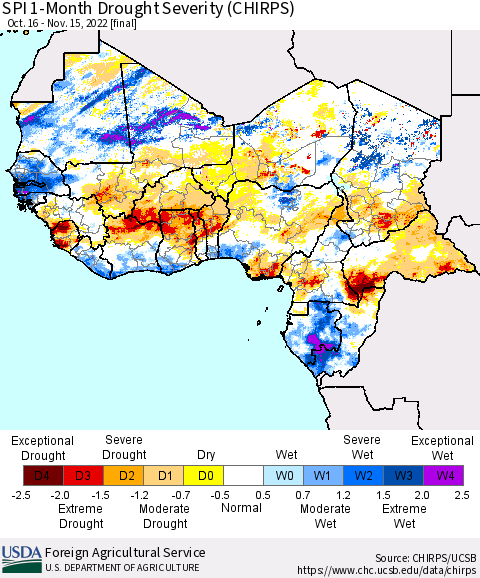 Western Africa SPI 1-Month Drought Severity (CHIRPS) Thematic Map For 10/16/2022 - 11/15/2022