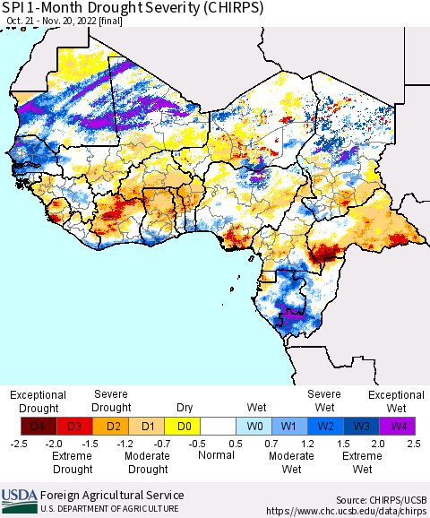 Western Africa SPI 1-Month Drought Severity (CHIRPS) Thematic Map For 10/21/2022 - 11/20/2022