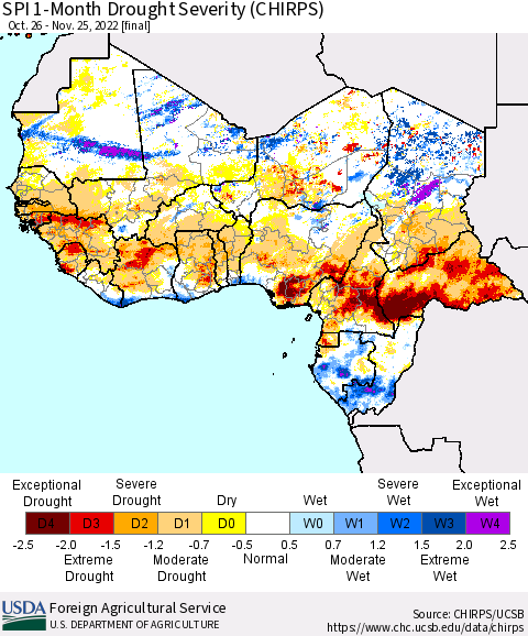 Western Africa SPI 1-Month Drought Severity (CHIRPS) Thematic Map For 10/26/2022 - 11/25/2022
