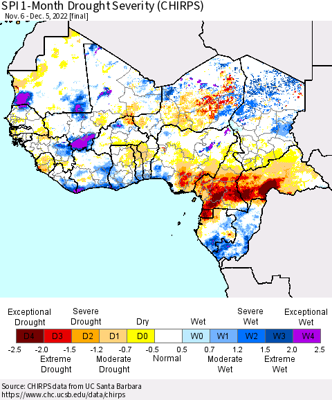 Western Africa SPI 1-Month Drought Severity (CHIRPS) Thematic Map For 11/6/2022 - 12/5/2022
