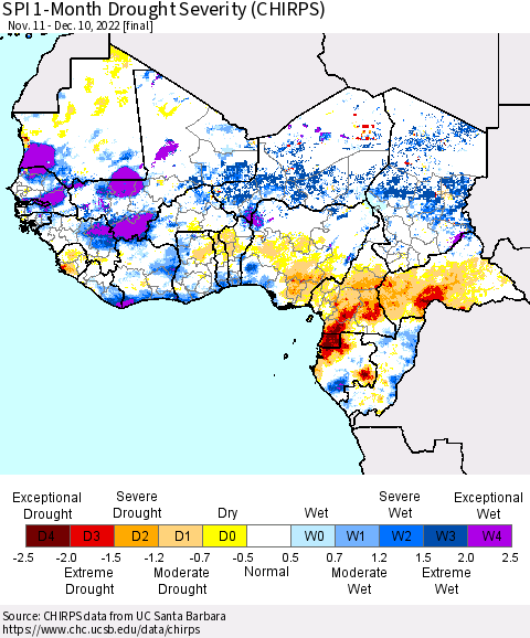 Western Africa SPI 1-Month Drought Severity (CHIRPS) Thematic Map For 11/11/2022 - 12/10/2022