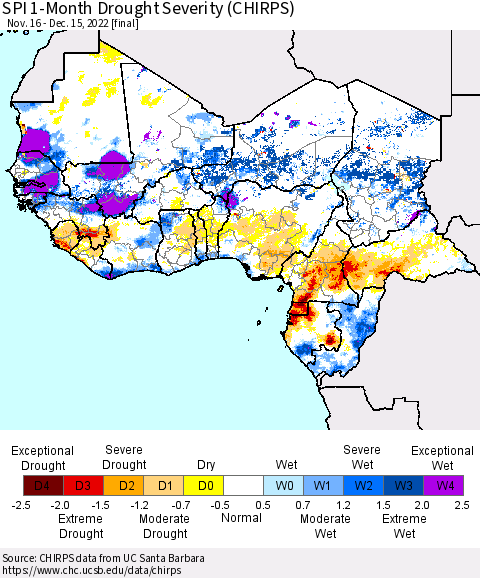 Western Africa SPI 1-Month Drought Severity (CHIRPS) Thematic Map For 11/16/2022 - 12/15/2022