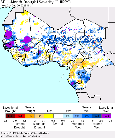 Western Africa SPI 1-Month Drought Severity (CHIRPS) Thematic Map For 11/21/2022 - 12/20/2022