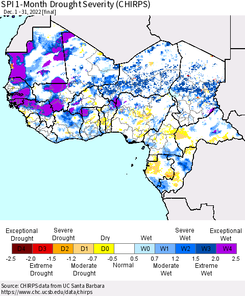 Western Africa SPI 1-Month Drought Severity (CHIRPS) Thematic Map For 12/1/2022 - 12/31/2022